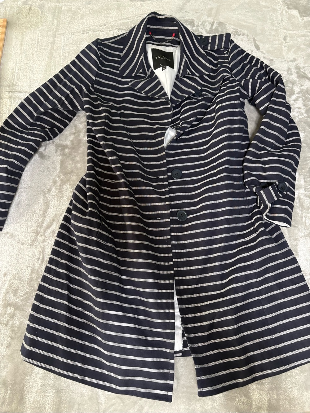 Talbots Navy White Striped Trench coat Size Medium Petite NWOT